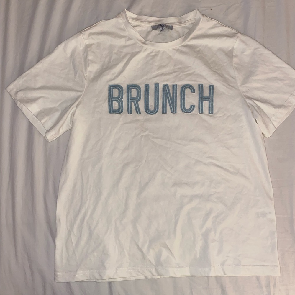 White and Blue ‘Brunch’ T-shirt Size M - Picture 1 of 4